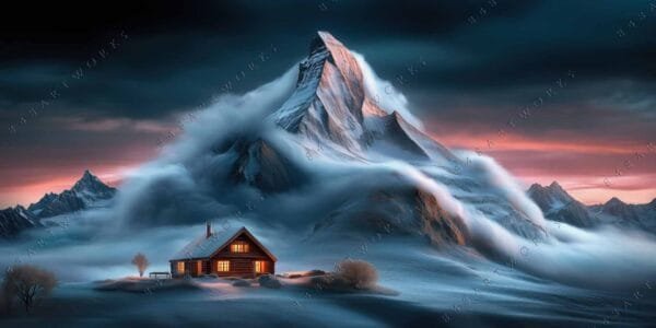 "Digital painting of a snowy mountain scene with cabin, soft pink and blue hues."