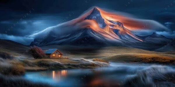 Digital painting of a glowing mountain peak with a cabin by a calm lake.