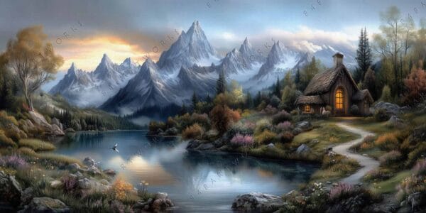 "Digital painting of a serene lakeside cabin with snowy mountains in the background."