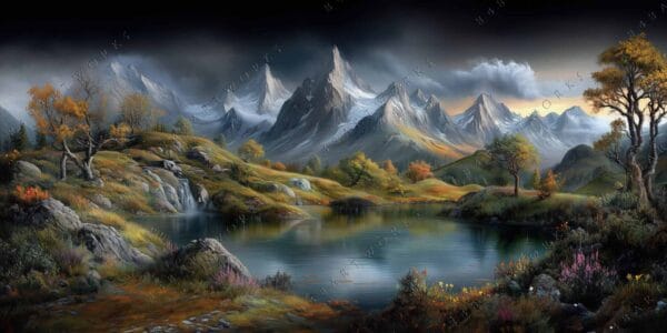 Fantasy landscape painting of snow-capped peaks and autumn trees reflected in a lake.