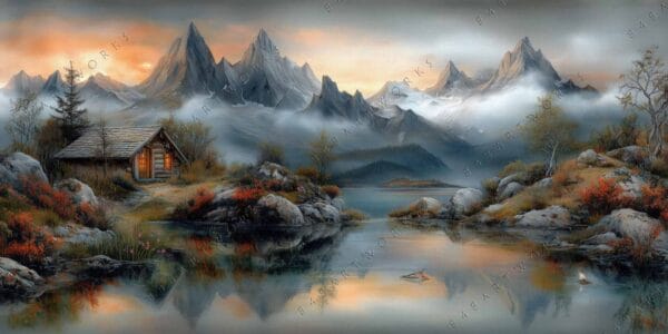 Realistic painting of a mountain cabin by a misty lake at sunrise.