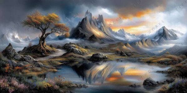 Fantasy digital painting of a vibrant landscape with mountains, tree, and reflective lake.
