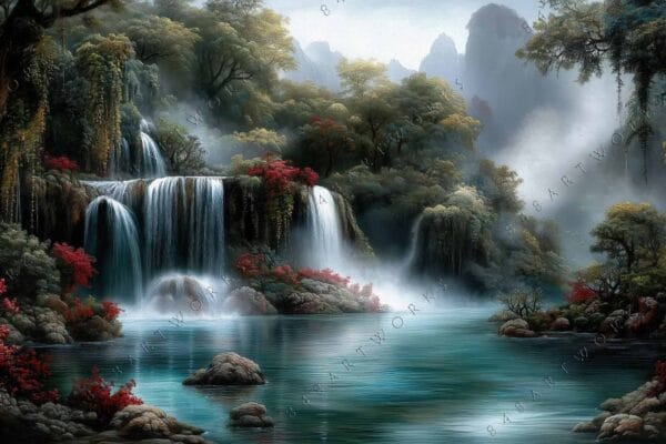 Digital painting of a lush forest waterfall with red plants and misty background.