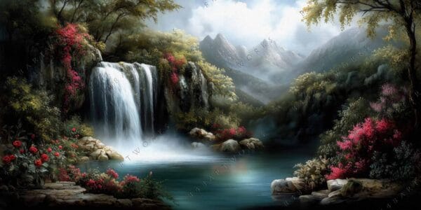 "Romantic landscape painting of waterfall in lush forest with vibrant pink and red flowers."