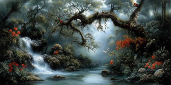 "Fantasy digital painting of a serene forest waterfall with red flowers and blue mist."