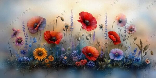 Digital painting of colorful wildflowers, poppies, and daisies on a soft gradient background.