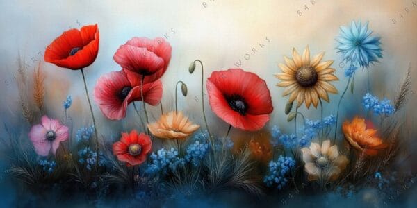 "Digital painting of vibrant wildflowers in red, orange, and blue tones."