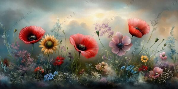 Fantasy digital painting of vibrant wildflowers against a misty, pastel-colored sky.