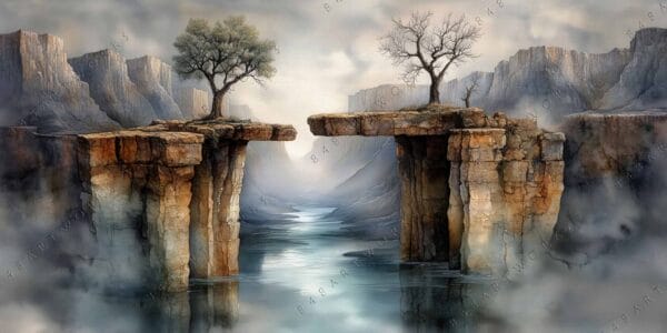 "Surreal digital painting of two cliff edges over misty canyon with trees."