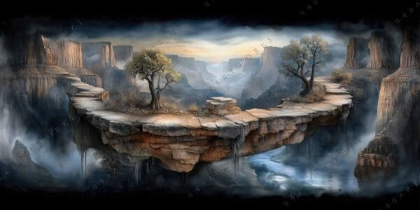 Surreal digital painting of floating canyon path with trees, in blue and earth tones.