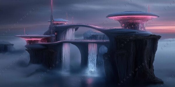 "Futuristic digital painting of floating buildings in a foggy landscape with pink accents."