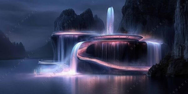 Futuristic digital art of illuminated cascading waterfalls in blue and pink hues.