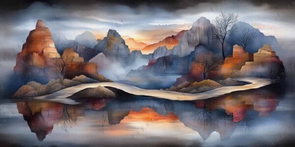 "Digital artwork of a vibrant canyon landscape reflected in a serene river."