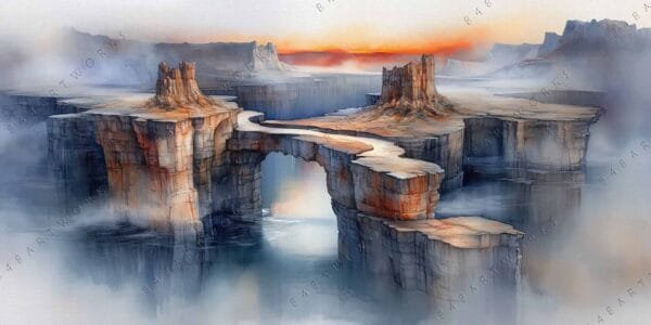 Fantasy digital painting of misty cliffs with a bridge at sunset, in warm tones.