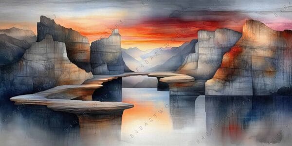 "Surreal digital painting of canyons with a vivid sunset reflection on water."