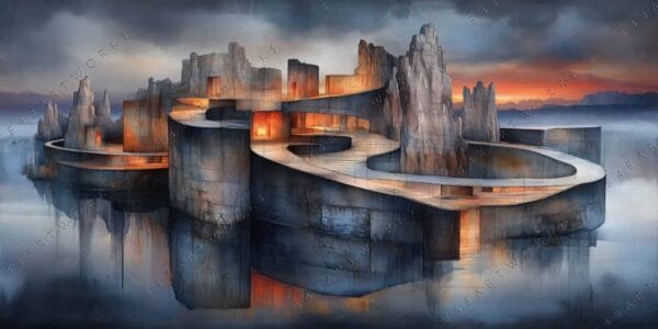 Surreal digital artwork of a winding stone structure on reflective water at sunset.