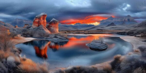 Digital painting of a desert landscape with red rock formations and a reflective lake.