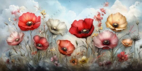 Digital painting of vibrant poppies and wildflowers against a soft cloudy sky backdrop.