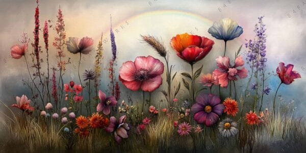 Digital painting of colorful wildflowers under a soft, muted sky with a rainbow.