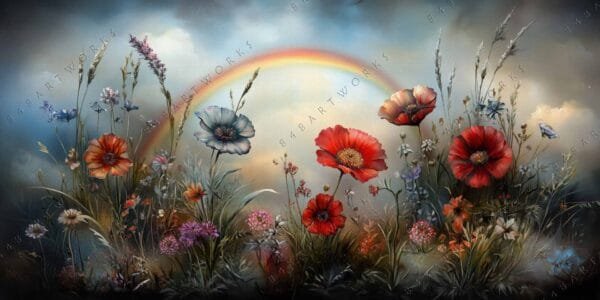 Realistic digital painting of wildflowers and rainbow against a cloudy sky backdrop.