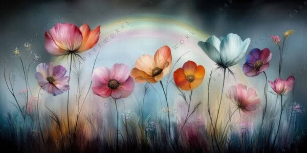 "Digital painting of colorful poppies against a soft blue gradient background."