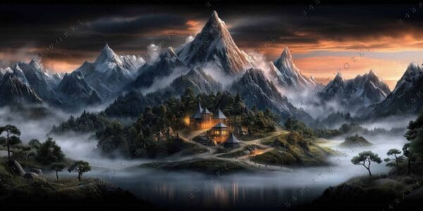 "Fantasy digital painting of mountainous landscape with mist, pine trees, and illuminated village."