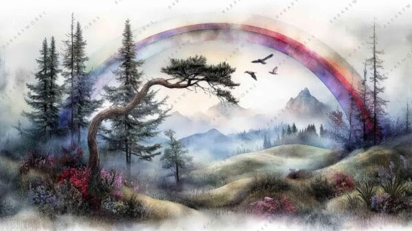 Digital painting of a misty forest landscape with a rainbow and distant mountains.