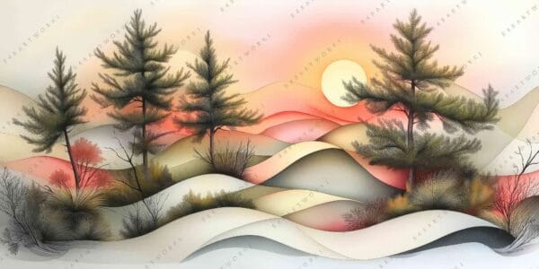 "Digital painting of pine trees on rolling hills with a sunset backdrop in warm tones."