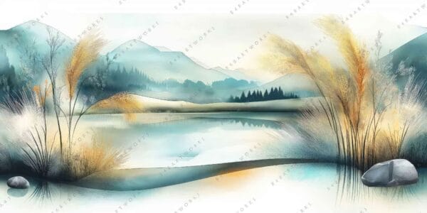"Serene digital artwork of a lake with grasses, mountains, and reflections in pastel hues."