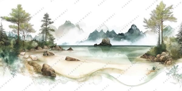 "Serene watercolor landscape with coastline, pine trees, and misty mountains in muted greens."