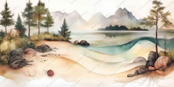 "Digital painting of a serene forested lakeside with mountains in soft earth tones."