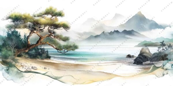 "Serene watercolor landscape with rocky shore, pine trees, and misty mountains in soft hues."