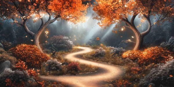 "Fantasy digital art of a winding path through a forest with orange autumn leaves."
