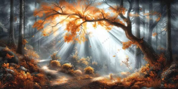 Fantasy digital painting of a sunlit forest with orange foliage and misty atmosphere.