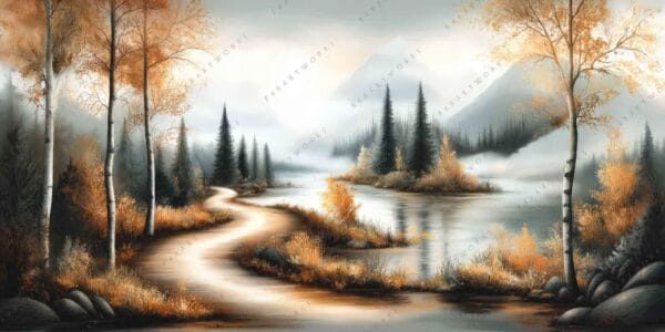 "Digital painting of autumn forest with winding path, in orange, gray, and green hues."