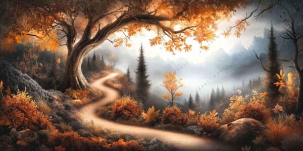 "Digital painting of a winding path through autumn forest with orange leaves and mist."