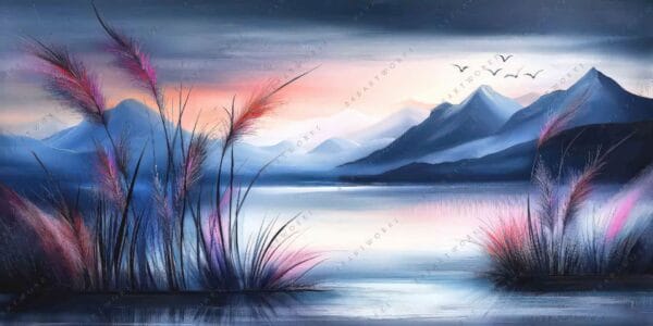 Digital painting of a serene lake with mountains, birds, and colorful grass in twilight.