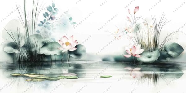 "Digital painting of lotus flowers and leaves in soft green and pink hues over water."