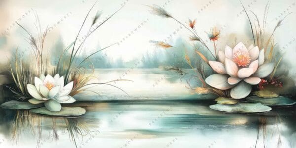 Digital painting of serene pond with water lilies and delicate grasses in soft hues.