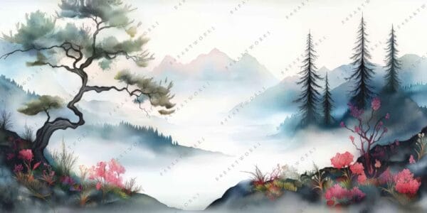 Digital painting of a misty landscape with pine trees and pink flowers in pastel tones.