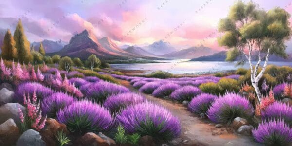 "Vibrant digital painting of a lavender field with mountains and colorful sky."