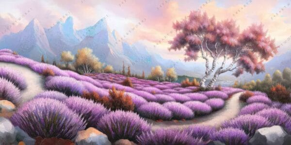 Digital painting of a lavender field with pink trees and distant mountains.