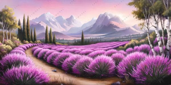 "Digital painting of lavender fields with mountains and pastel pink sky."