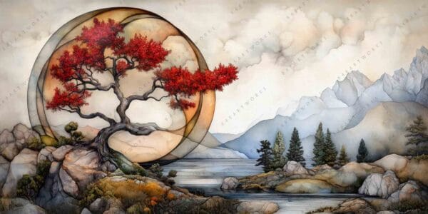 Digital painting of red tree on rocky hill, framed by abstract circle, mountains in background.