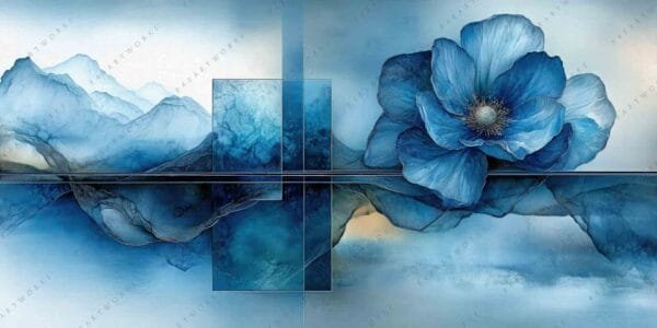 "Abstract digital art of blue mountains and large flower in cool tones."