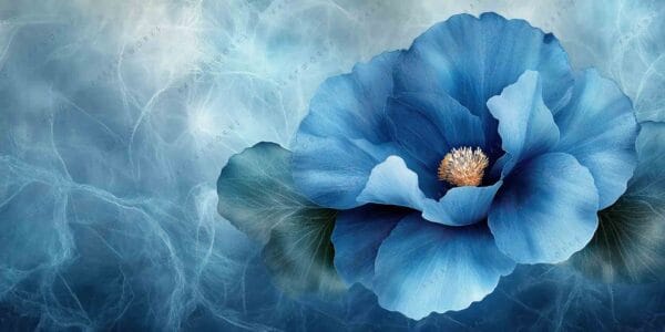 Large blue digital painting of a flower with detailed petals and textured background.