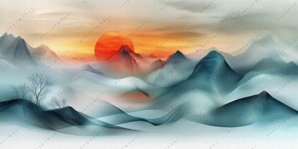 "Digital painting of misty mountains and red sun in blue and orange hues."
