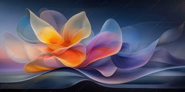 Abstract digital art of swirling, translucent shapes in orange, purple, and blue tones.