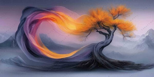 "Surreal digital painting of a twisted tree with vibrant orange foliage and swirling colors."