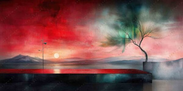 "Surreal digital painting of a red sunset landscape with a lone tree."